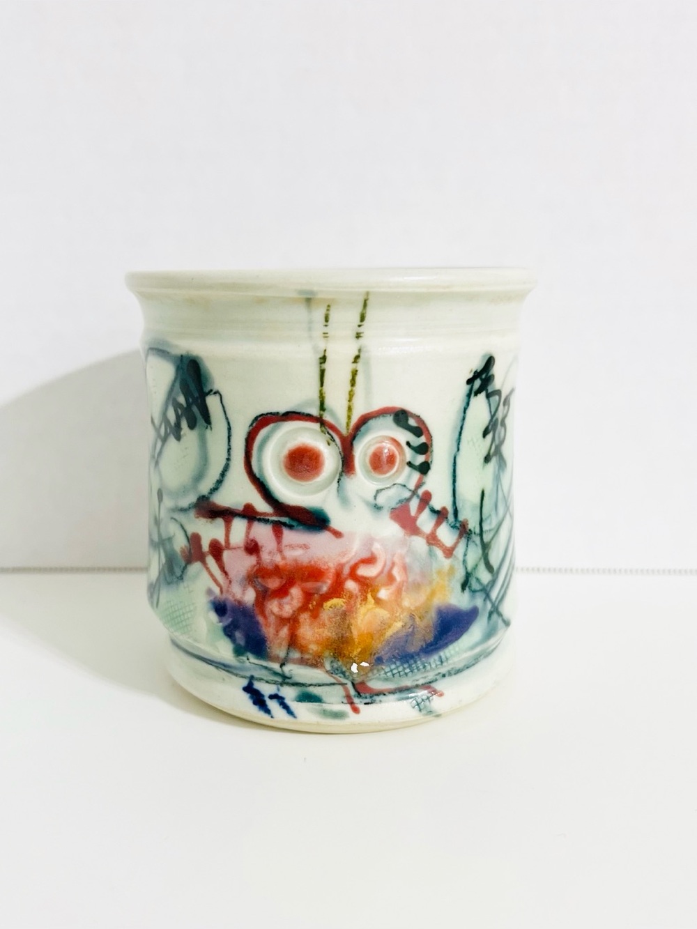 Vintage Jim Reno Ceramic Abstract Dragonfly Pottery Cup Decor Signed